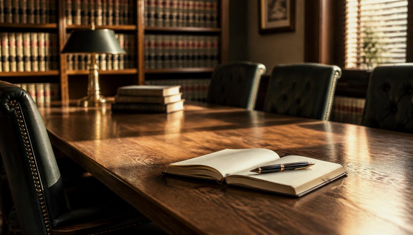 Warm sunlit law-firm library with an oak conference table and open notebook