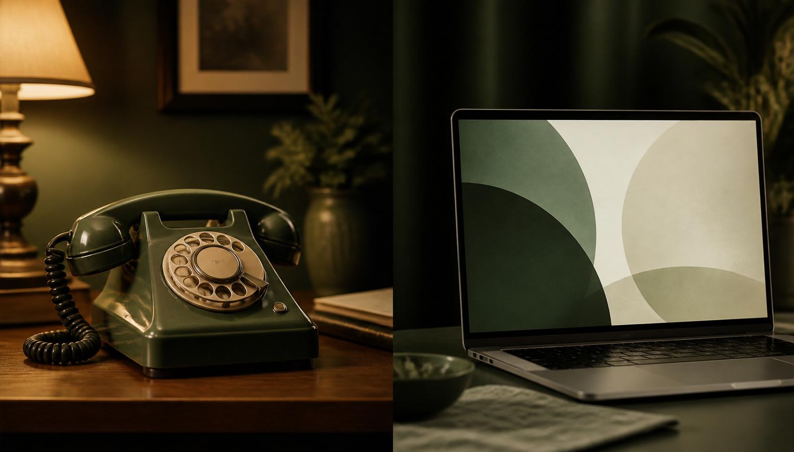 Split composition — vintage green rotary telephone on the left, modern laptop with abstract shapes on the right