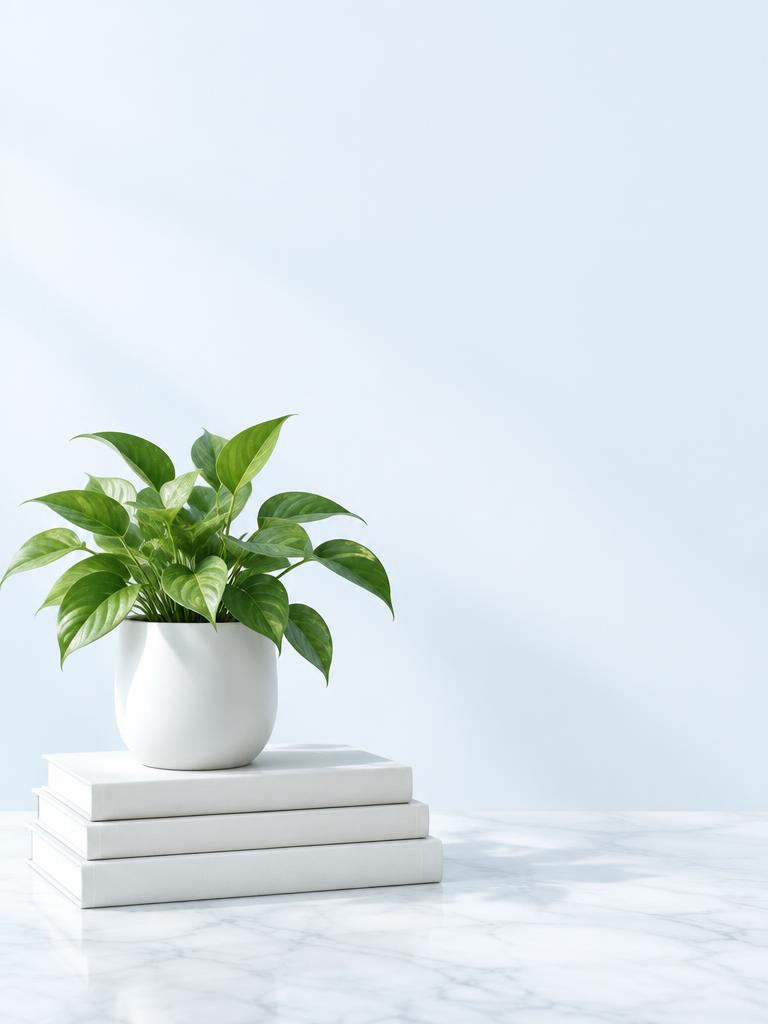 Green plant resting on white books