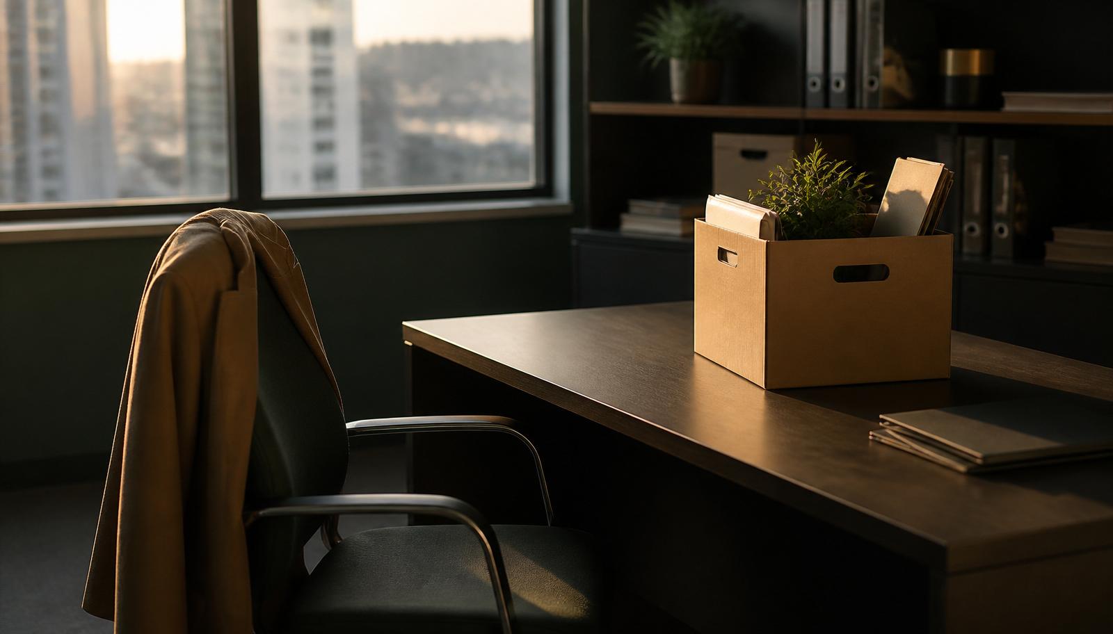 Empty modern office at end of day with a cardboard file box and folded coat on the chair