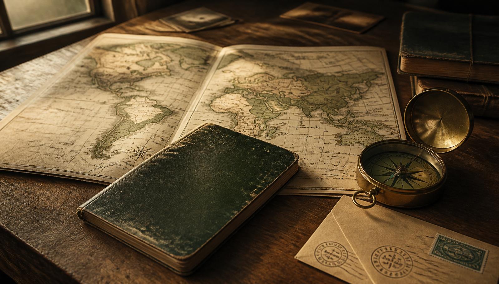 Vintage world map, worn passport, brass compass and stamped envelope on a wooden desk