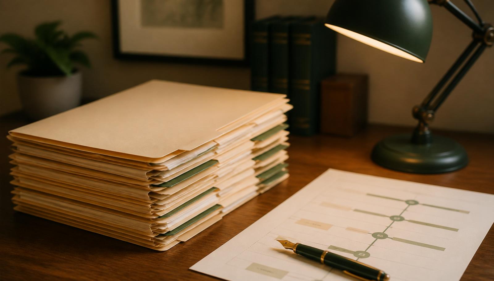 Stack of manila medical file folders on a wooden desk beside a fountain pen and timeline chart