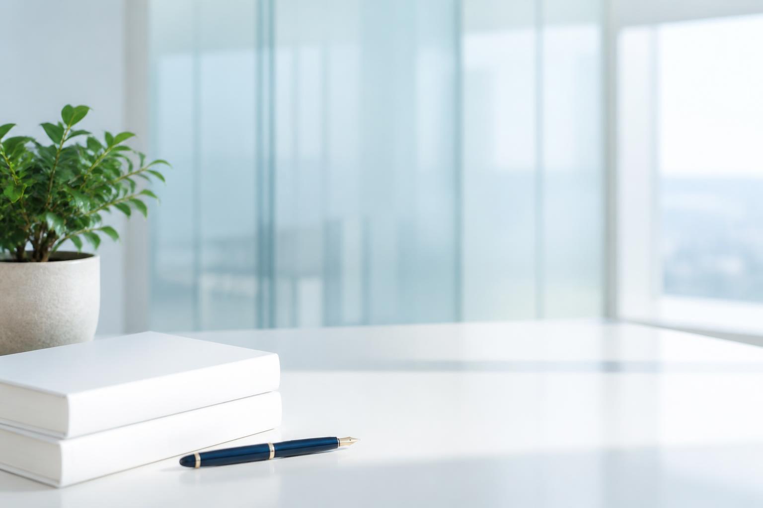 Bright modern office with law books and a navy pen